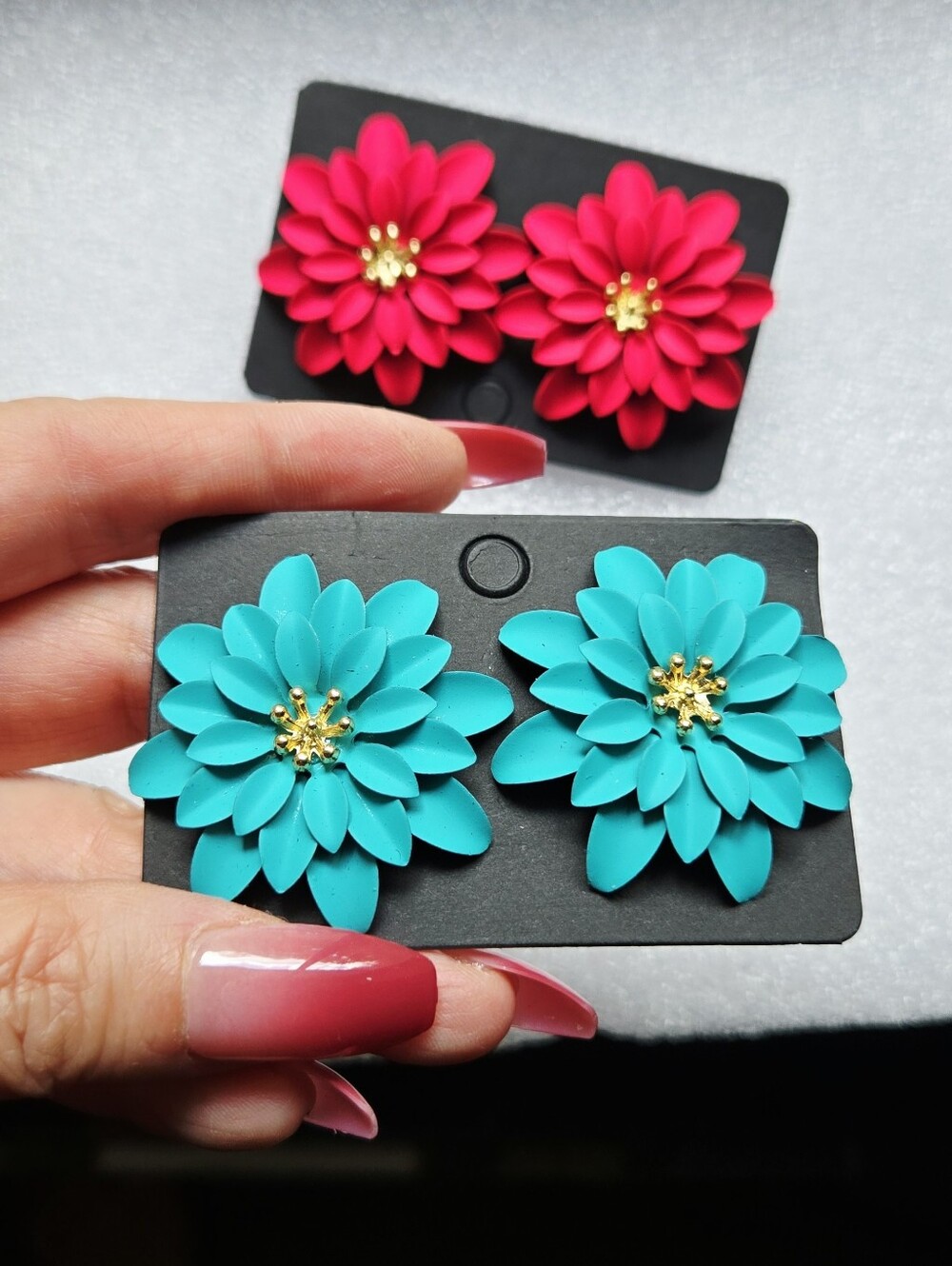 Teal Floral Stud Earrings with Gold Center